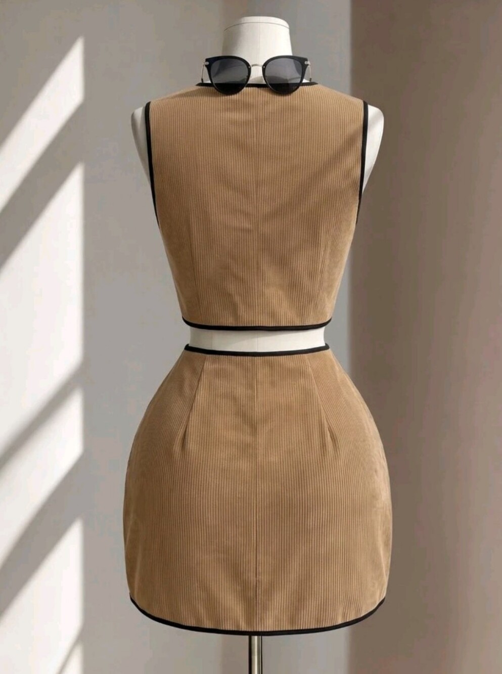 Gentle Khaki Corduroy Black Trim V-Neck Cropped Vest With Double - Picture 4 of 5